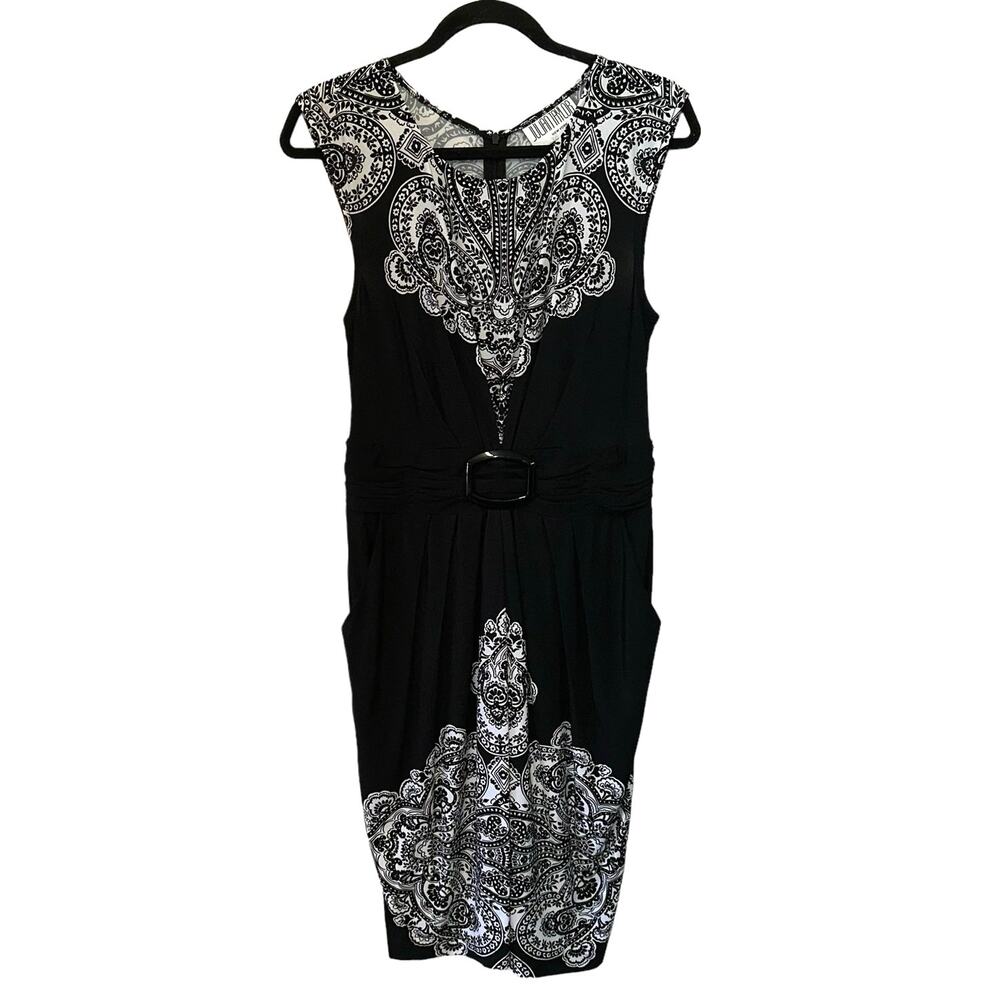 Julian Taylor Black & White Paisley Sheath Dress Size 12 Belted Career Midi